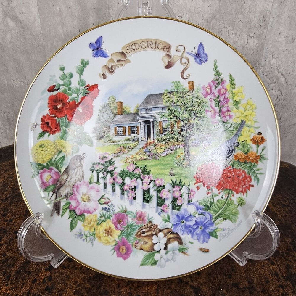 Vtg RECO Gardens of Beauty‎ Collectors Plate Dot Barlowe American LE Floral Bird